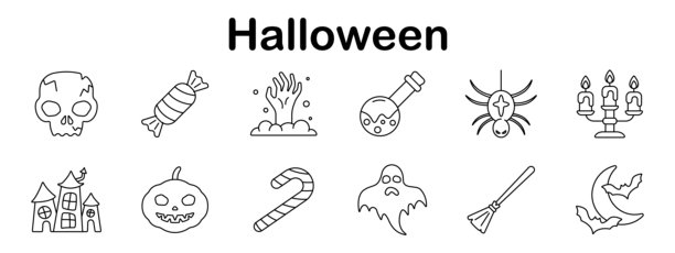 万圣节图标集。头骨、包装糖果、僵尸手、药水、蜘蛛、烛台、鬼屋、南瓜灯、拐杖糖、鬼魂、扫帚、蝙蝠月亮插画。图片下载