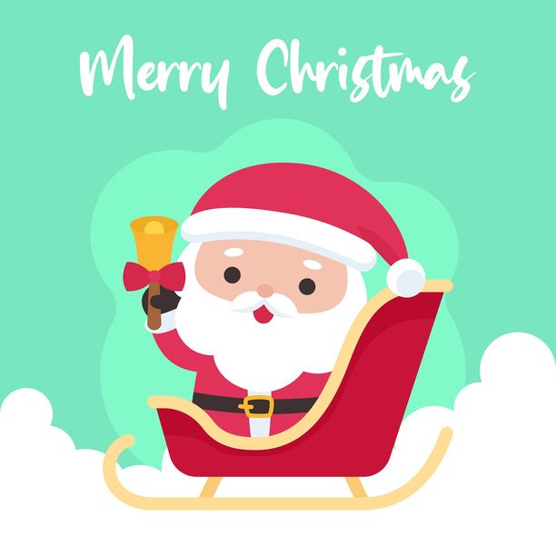 圣诞老人坐在雪橇上，手里拿着铃铛，这是一幅明亮欢快的圣诞节插画，背景有云彩。图片下载