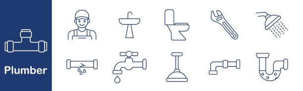 水管工图标集。工人、水槽、马桶、扳手、淋浴、管道、泄漏、水龙头、皮搋子、存水弯。维修、水、工具、工作、维护、浴室、服务、排水、修理、建筑。图片下载