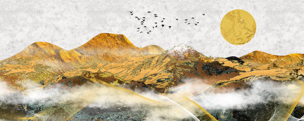 棕色金色山脉，搭配金色、黑色和灰色山脉，背景为浅灰色，点缀着白云、太阳和飞鸟。3D插画壁纸风景艺术。图片下载