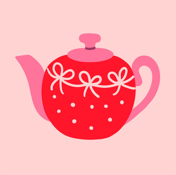 柔和粉彩色背景上，带有白色蝴蝶结和圆点的红色和粉色茶壶扁平风格插画，非常适合情人节贺卡、温馨茶会邀请函和可爱厨房装饰。图片下载