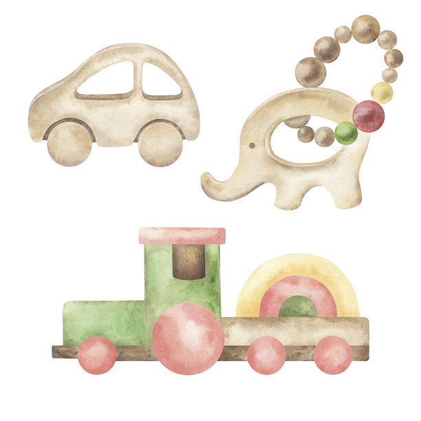 一套木制环保婴儿玩具：大象摇铃、火车和汽车。儿童物品的手绘水彩插画。适用于托儿所设计、包装、卡片、纺织品。图片下载