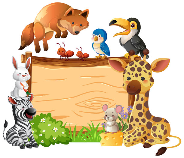 卡通丛林动物围绕着木质招牌的插画图片下载