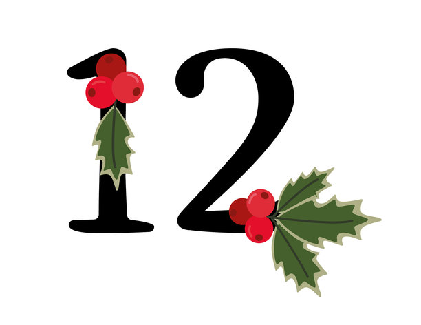 圣诞日历数字12，装饰有冬青叶和浆果。平面矢量插画，适用于节日倒计时、节日印刷品或季节性装饰。图片下载