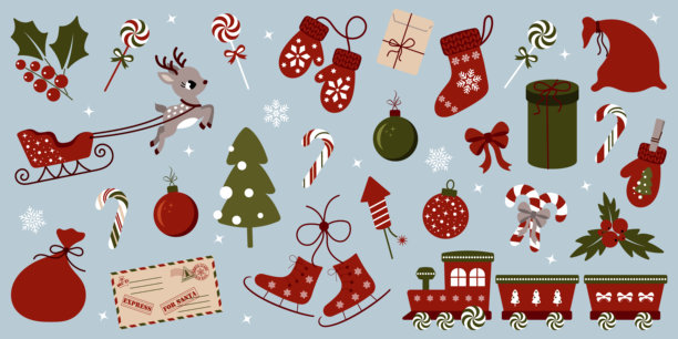 圣诞节和冬季节日插画集，包含可爱的图标，如驯鹿、雪橇、手套、圣诞树、拐杖糖、装饰品、礼物、冬青以及用于季节性设计的装饰元素图片下载