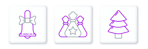 圣诞树、欢乐的铃铛和圣诞老人礼品袋图标矢量素材图片下载