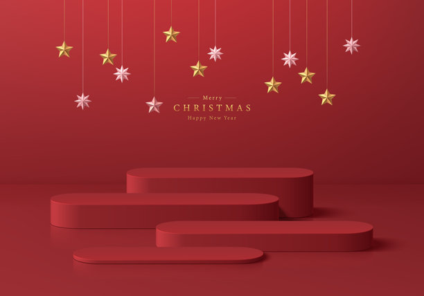 红色圆形产品展示台3D背景，留有空白空间。圣诞新年主题。抽象构成，极简设计。影棚展示厅台架，时尚舞台展示模型场景。图片下载