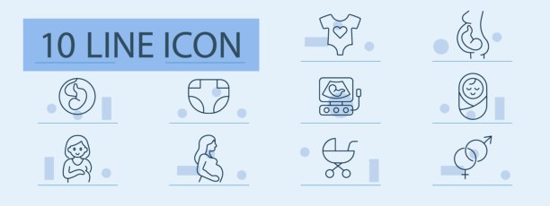 怀孕图标套装。线条图标展示了胎儿、尿布、连体衣、孕妇、超声波、婴儿背带、母乳喂养、婴儿车、性别、母性阶段。图片下载