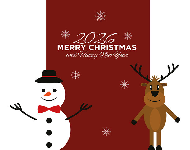 圣诞快乐，新年快乐贺卡，有可爱的鹿和雪人。冬季卡通人物。矢量插画。图片下载
