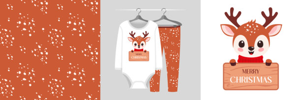 棕色动物皮肤无缝花纹 圣诞花纹，冬季儿童插画，鹿拿着木牌“圣诞快乐”图片下载