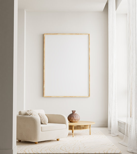 一幅温暖的极简主义室内场景，配有一张扶手椅、一张小型木质咖啡桌和一个干净的海报框模型，柔和的日光和均衡的现代风格贯穿整个场景 3D 插画图片下载