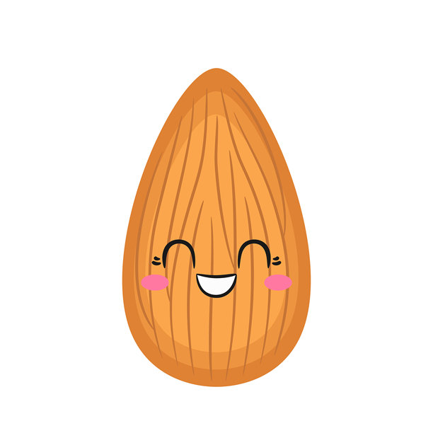 微笑的杏仁，有趣的卡通形象，美味健康的坚果，快乐的表情，喜悦的情感，大眼睛，可爱风格，扁平矢量插画。图片下载