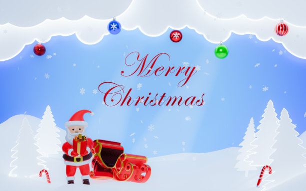 圣诞假日插画，包含圣诞老人、驯鹿、雪景、装饰品和亮红色的节日背景，非常适合季节性庆祝活动，3D渲染图片下载