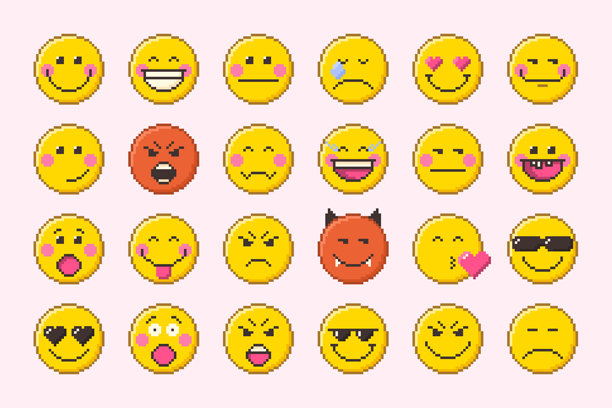 像素艺术表情符号集。复古插画素材。图片下载