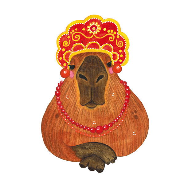 水彩手绘卡通插画：戴着头饰和珠子的水豚。适用于蛋糕、贴纸、海报、面料印刷。动物，啮齿动物，棕色，儿童图片下载