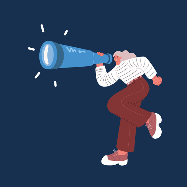 卡通矢量插画，描绘了一个女人边跑边用望远镜眺望的场景图片下载