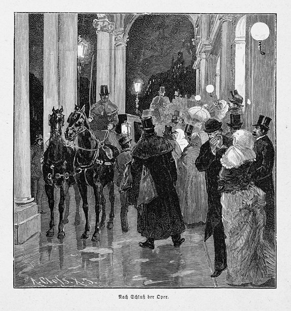 木刻版画，歌剧表演结束后，歌剧院出口，夜晚的人群，19世纪，复古插画图片下载