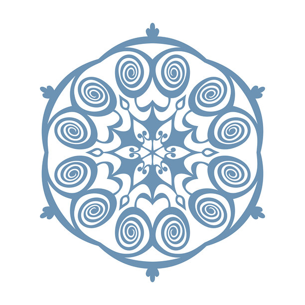 蓝色雪花模板带阴影，孤立的雪花图标，圆形曼陀罗。冬季节日卡通扁平化插画。圣诞快乐，新年矢量图。手绘风格图片下载