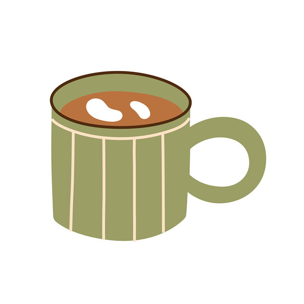 温暖陶瓷马克杯的扁平卡通矢量插画，可盛咖啡或茶，营造温馨居家氛围，简约风格，带来平静舒适感，适用于咖啡馆图示、温馨装饰项目、热饮图标。图片下载