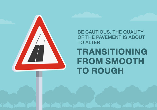 安全驾驶提示与交通法规。特写欧洲“改变路面”标志，表示路面从光滑过渡到粗糙。矢量插画模板。图片下载