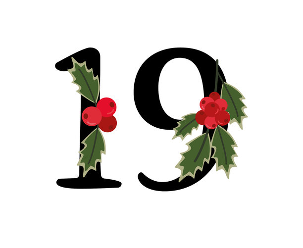 圣诞倒计时日历数字19，饰有冬青叶和红色浆果。平铺矢量插画，适用于降临节倒计时、节日装饰或季节性印花。图片下载