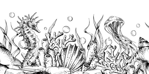 海底海景，包括海马、水母、贝壳和珊瑚。手绘线条艺术插画，描绘海洋生物，适用于航海设计。无缝边框图案轮廓图形插画图片下载