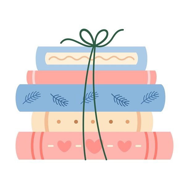 温馨的冬季书籍插画，圣诞节书籍图案，爱书人礼物，节日阅读贴纸，柔和色调书店图形。图片下载