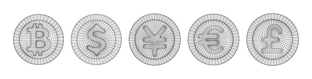 简约线框加密货币图标集，包含比特币、美元、日元、韩元、英镑、欧元符号，用于金融和区块链主题。线框加密货币3D风格。加密货币。矢量插画图片下载