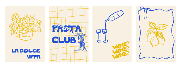 意大利美食插画，包含意大利面、葡萄酒瓶和奶酪。手绘涂鸦风格，展示意大利面和饮品，适用于餐厅菜单和晚宴邀请函。异想天开的矢量插画图片下载