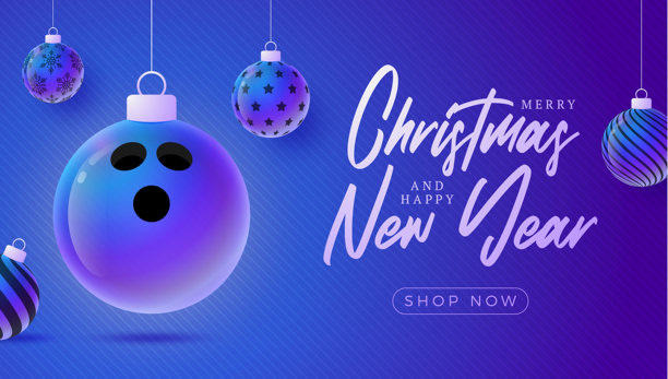 保龄球圣诞新年运动横幅。圣诞快乐科技贺卡，以圣诞球作为紫色霓虹背景上的装饰品。矢量插画。图片下载