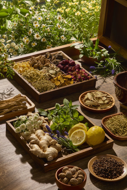 一张垂直构图的图片，展示了木桌上摆放的各种香草和食材。自然光和鲜花背景营造出天然疗法或草本茶品牌的真实氛围。图片下载