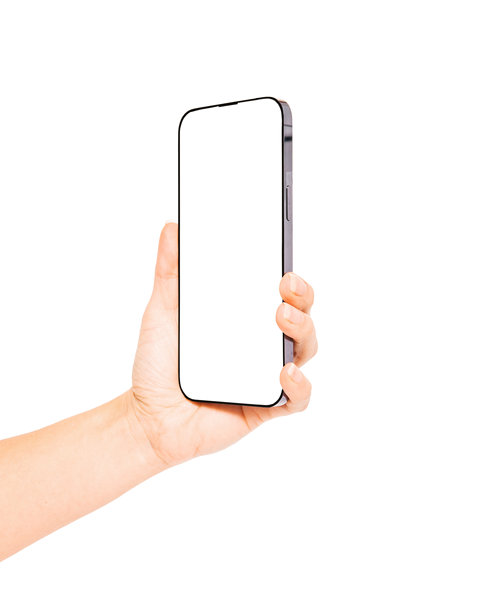 孤立的女性手在白色背景上拿着智能手机。样机，复制空间。图片下载