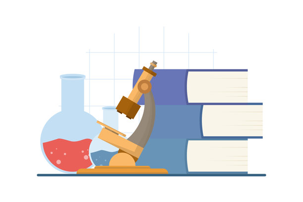 化学实验室研究概念，包含实验室设备和书籍。用于科学实验、化学研究、实验室教育和研发的插画。图片下载