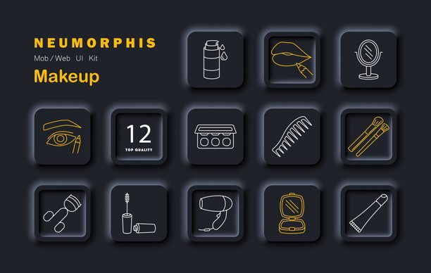 化妆品套装图标。口红、嘴唇、眼线笔、镜子、睫毛膏、刷子、梳子、粉饼、吹风机、调色板、管状物、海绵，采用轮廓鲜明的拟新拟物化妆风格。图片下载