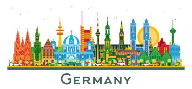 德国城市天际线，彩色建筑孤立在白色背景上。插画。商务旅行和旅游概念，包含历史建筑。德国城市景观，带有地标。图片下载