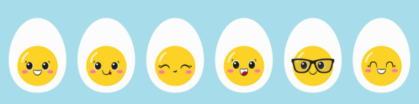 一套可爱的卡通鸡蛋，表情喜悦，笑脸，早餐象征，大眼睛，可爱风格，扁平矢量插画。图片下载