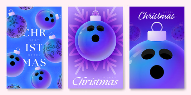 保龄球圣诞新年运动横幅。圣诞快乐科技贺卡，以圣诞球为装饰，背景为紫色霓虹灯。矢量插画图片下载