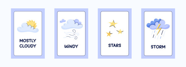 一套儿童教育天气卡片。带标题的明信片。天气图标：多云、有风、星星和风暴。可爱的卡通手绘矢量插画。图片下载