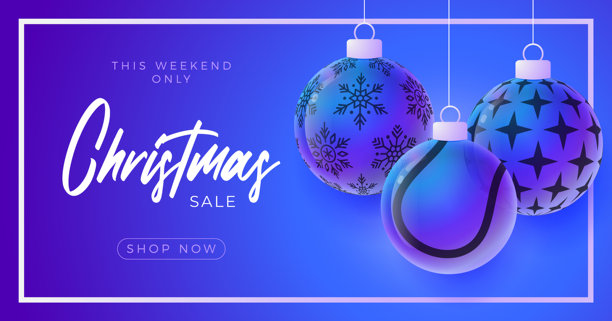 网球圣诞新年运动横幅。圣诞快乐科技贺卡，以圣诞球为装饰，背景为紫色霓虹灯。矢量插画图片下载