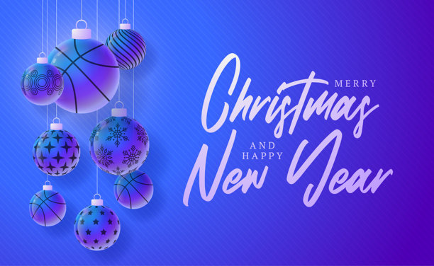 篮球圣诞新年运动横幅。圣诞快乐科技贺卡，以圣诞球作为紫色霓虹背景上的装饰品。矢量插画图片下载