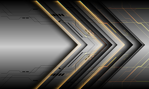 抽象的黄色霓虹灯箭头方向科技未来感黑色赛博线条几何图形在灰色金属设计现代背景矢量插画。图片下载