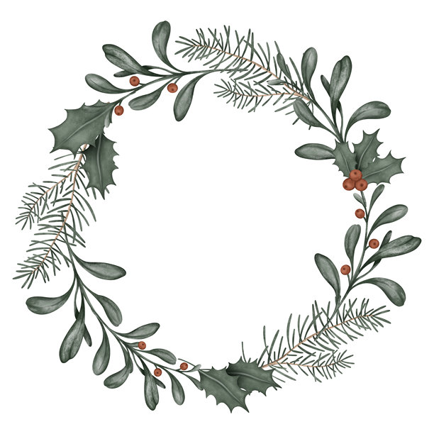 水彩圣诞节或新年花环，带有松枝和文字位置。插画，用于白色背景上的祝福卡和邀请函。有冬青树枝和红浆果。图片下载