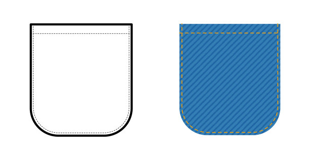 顶部缝制的圆角贴袋牛仔裤技术时装插画。平面服装线条模板和颜色。女装。图片下载