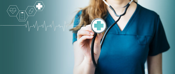 现代虚拟屏幕界面上的医生和听诊器。医疗防护或健康保险、医疗技术、在线医疗的概念。图片下载