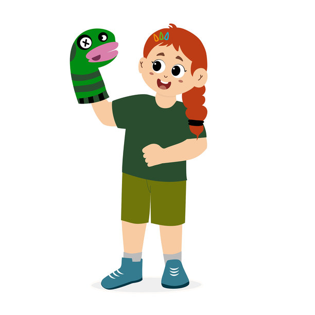 儿童木偶剧表演矢量插画。木偶戏。用袜子制作的动物木偶玩具。儿童木偶剧院，舞台上的动物木偶戏。图片下载