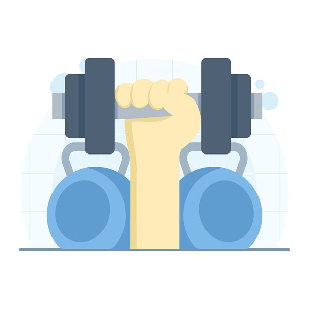 健身概念，手握哑铃。矢量插画，适用于健身房锻炼、力量训练、运动习惯和健康生活方式设计。图片下载