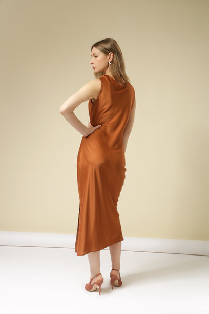女性模特身穿金棕色丝绸长裙的系列工作室照片。优雅简约时尚。图片下载