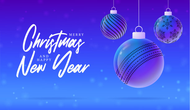 板球圣诞新年运动横幅。圣诞快乐科技贺卡，以圣诞球为装饰，在紫色霓虹灯背景上。矢量插画图片下载