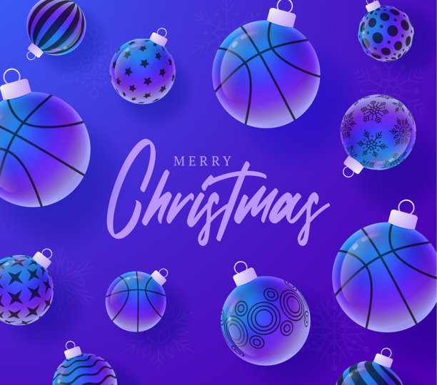 篮球圣诞新年运动横幅。圣诞快乐科技贺卡，以圣诞球作为紫色霓虹背景上的装饰品。矢量插画图片下载