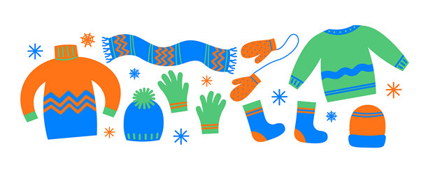 温暖的配饰和衣物。手绘扁平化矢量插画。包含针织围巾、毛衣、袜子、帽子、手套、雪花的涂鸦绘画。卡通风格的舒适时尚套装。用于设计的图标图片下载